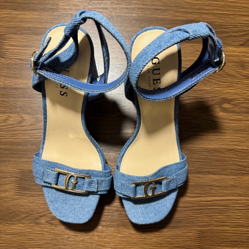 Guess Yapplea Denim Ankle Strap Heeled Sandals Women Size 6M Blue
